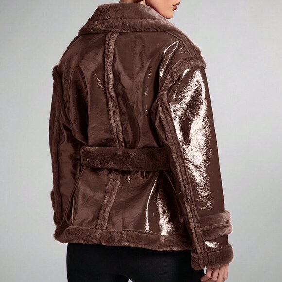 Coffee Brown Casual Women's faux fur detailed Long Sleeve faux Leather Jacket - Picture 5 of 7